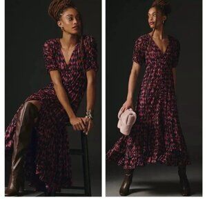 By Anthropologie V-Neck Printed Maxi Dress purple button front ruched size large